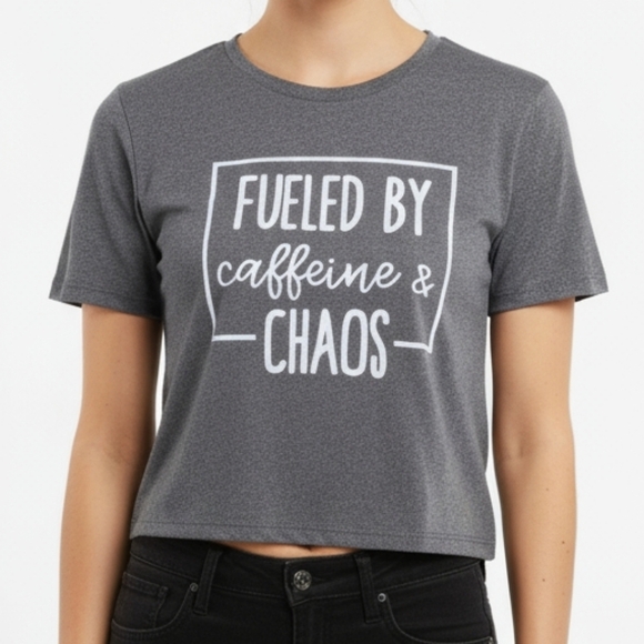 Tops - Fueled by Caffeine & Chaos Cropped Graphic Tee Gray Women’s Medium Coffee Lover